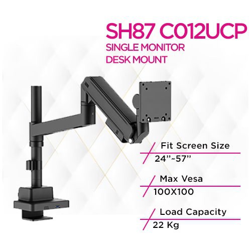 Skill Tech SH87 C012UCP Titan Heavy-Duty Pole-Mounted Gas Spring Monitor Arm With USB-A And USB-C Ports
