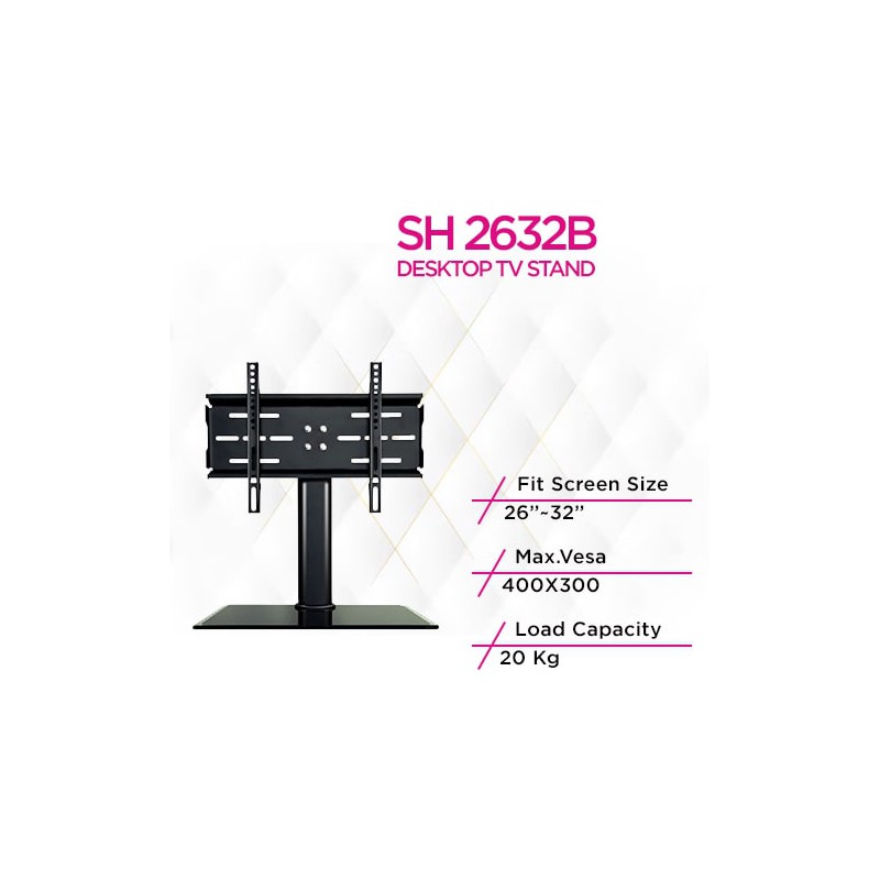 حامل تلفزيون Skill Tech SH 2632B عالمي لسطح الطاولة مع قاعدة زجاجية وتركيب مريح