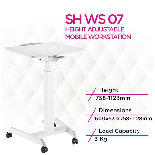 Skill Tech SH WS 07 Height Adjustable Mobile Workstation With Foot Pedal And Tiltable Desktop TV Stand