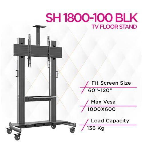 Skill Tech SH 1800-100 BLK Universal Height Adjustable Rolling Tv Stand