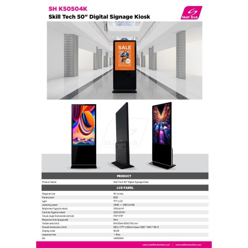 Skill Tech 50 Inch 4K Android 12  Digital Kiosk with Wheels