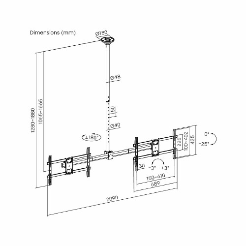 Skill Tech SH 221CSS Heavy-Duty Side-by-Side TV Ceiling Mount