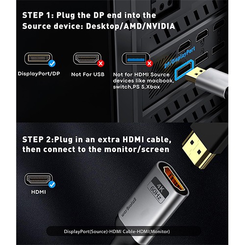 محول Syong S-AT-4K-DH-0.2MC من منفذ العرض الرقمي إلى منفذ HDMI بدقة 4K و60 هرتز الإصدار 2.0