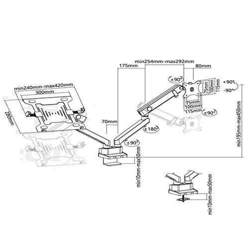 Skill Tech SH 20 C024ML Pole Mounted Gas Spring Assisted Monitor Arm With Laptop Holder