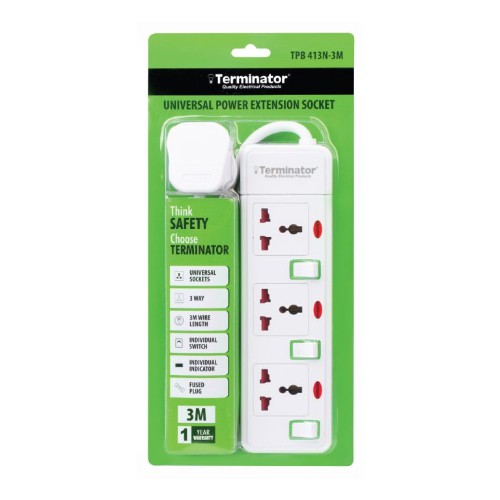 تمديد كهربائي عالمي من طراز Terminator TPB 413N-3M بثلاثة منافذ وبطول 3 أمتار مزود بمفاتيح فردية