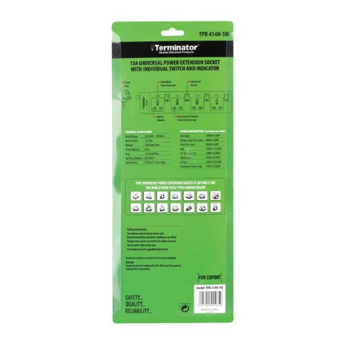 تمديد كهربائي عالمي من طراز Terminator TPB 414N-5M رباعي المخرجات بطول 5 أمتار مزود بمفاتيح فردية