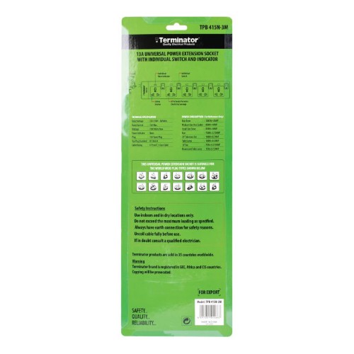 Terminator TPB 415N-3M 5way 3mtr Universal Power Extension With Individual Switch