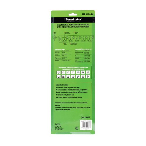 Terminator TPB 415N-5M 5way 5mtr Universal Power Extension With Individual Switch