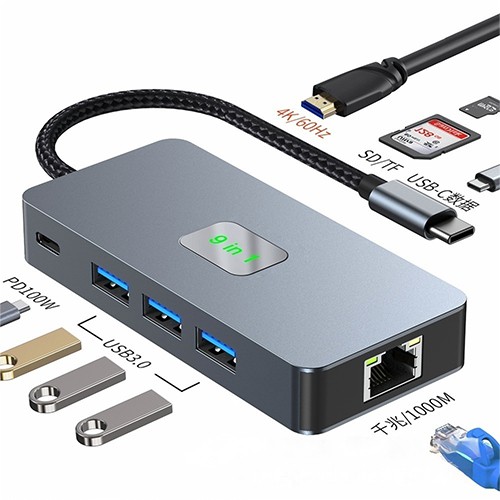 Syong S-DS-T3-109C 9-IN-1 Docking Station (RJ45+HDMI+TF+SD+3*USB3.0+Type-C+PD)
