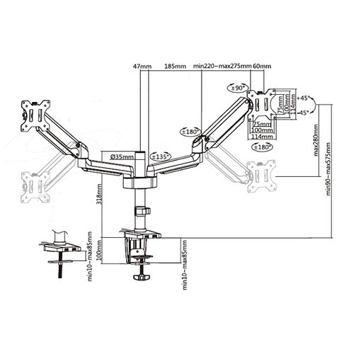 Skill Tech SH T26 C024UP Dual Monitor Thin Gas Spring Assisted Aluminium Monitor Arm