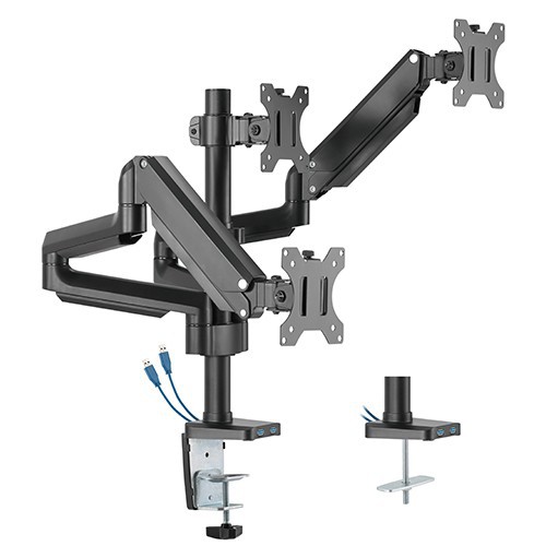 Skill Tech SH26 C036U Triple Monitor Pole-Mounted Thin Gas Spring Monitor Arm With Usb Ports