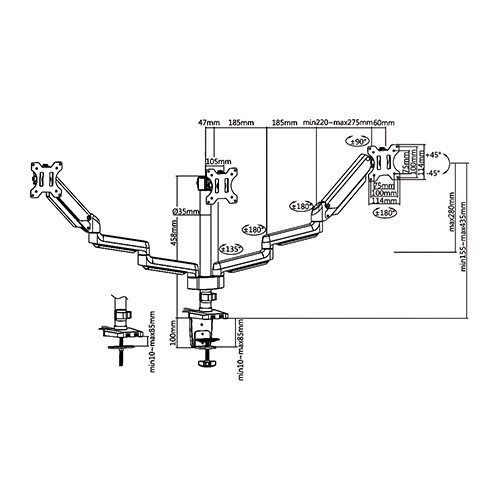 Skill Tech SH26 C036UP Triple Monitor Pole-Mounted Thin Gas Spring Monitor Arm With Usb Ports