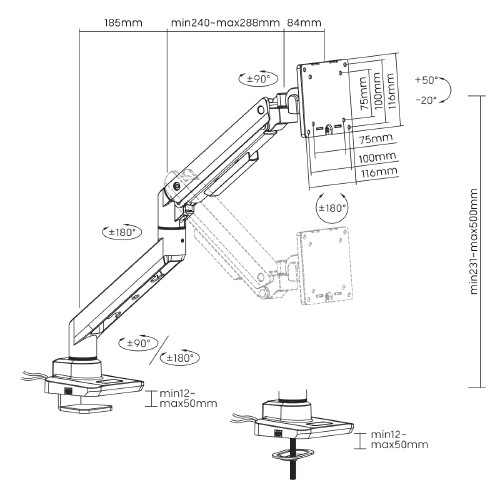 Skill Tech SH69 C012UC B ذراع شاشة مزود بنابض غازي فائق التحمل ومثبت على المكتب مع منافذ USB-A/USB-C