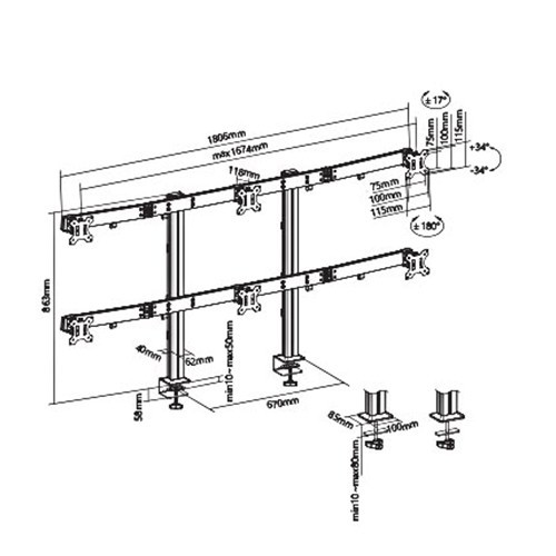 Skill Tech SH 38 C06 Six Screens Heavy-Duty Aluminium Monitor Arms