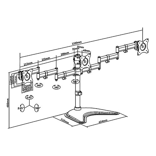 Skill Tech SH 070 T036 Single Pole Triple-Monitor Aluminium Articulating Monitor Mount Stand